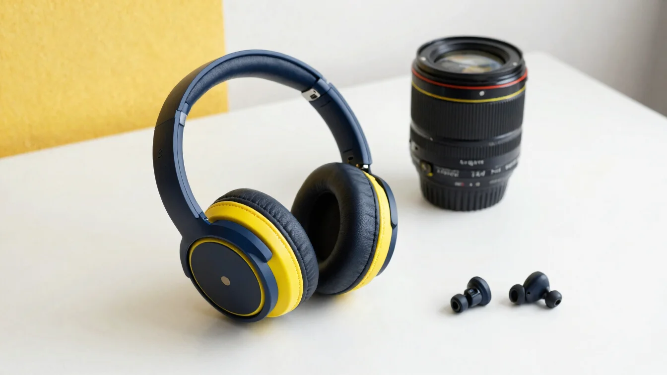 Fotografia editorial de fones de ouvido e carregadores sobre mesa